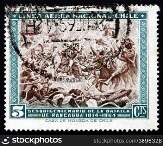 CHILE - CIRCA 1965: a stamp printed in the Chile shows Battle of Rancagua, Chilean War of Independence, 150th Anniversary, circa 1965