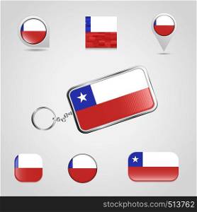 Chile Country Flag on Keychain and map pin different style. Vector EPS10 Abstract Template background