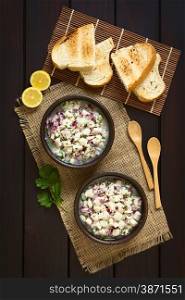 Chilean Ceviche made of Southern Ray&rsquo;s bream fish (lat. Brama Australis, Spanish Reineta), onion, garlic and cilantro marinated in lemon juice, accompanied by toasted bread. Photographed overhead on dark wood with natural light.