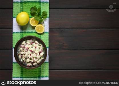 Chilean Ceviche made of Southern Ray&rsquo;s bream fish (lat. Brama Australis, Spanish Reineta), onion, garlic and cilantro marinated in lemon juice. Photographed overhead on dark wood with natural light.