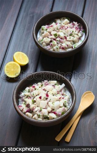 Chilean Ceviche made of Southern Ray&rsquo;s bream fish (lat. Brama Australis, Spanish Reineta), onion, garlic and cilantro marinated in lemon juice served in two rustic bowls. Photographed on dark wood with natural light (Selective Focus, Focus in the middle of the first ceviche)