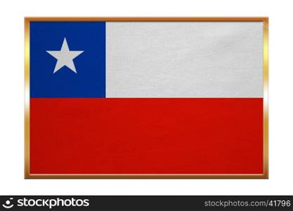 Chilean national official flag. Patriotic symbol, banner, element, background. Correct colors. Flag of Chile , golden frame, fabric texture, illustration. Accurate size, color