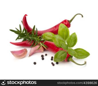 Chili pepper and flavoring herbs isolated on white background