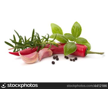 Chili pepper and flavoring herbs isolated on white background