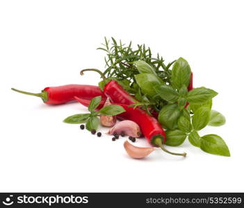 Chili pepper and flavoring herbs isolated on white background