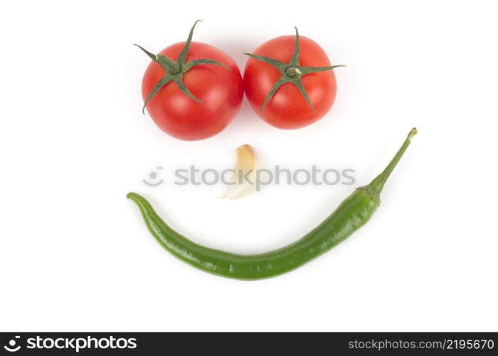 Chili pepper, garlic and tomatos isolated on white background. Chili pepper, garlic and tomatos isolated