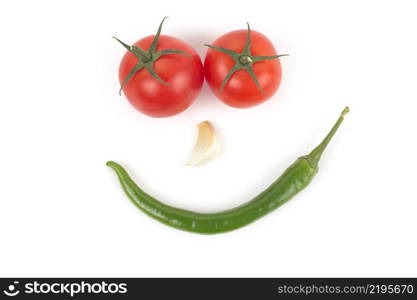 Chili pepper, garlic and tomatos isolated on white background. Chili pepper, garlic and tomatos isolated