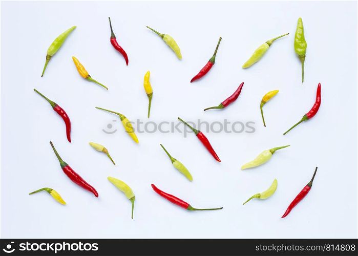 Chili Peppers on white background. Top view