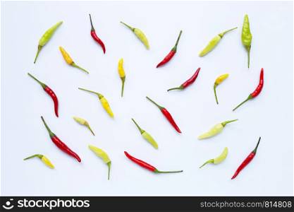 Chili Peppers on white background. Top view