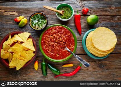 Chili with meat platillo Mexican food with sauces