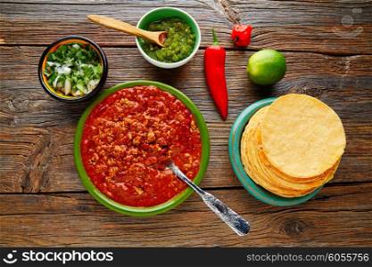 Chili with meat platillo Mexican food with sauces