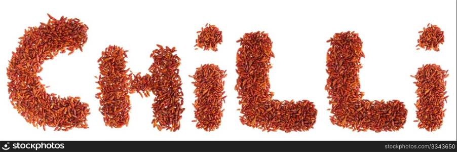 chilli written with piri piri chilli peppers (isolated on white background)