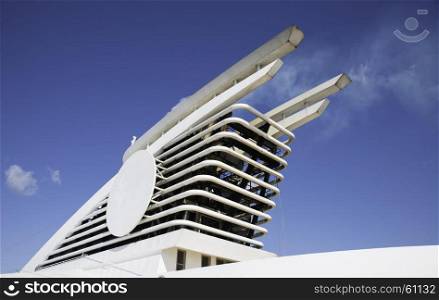 chimney of big cruise ship with blue sky