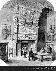 Chimney of the room of the marriages, in the town hall of Antwerp, vintage engraved illustration. Magasin Pittoresque 1855.
