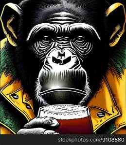 Chimpanzee dressed in yellow coat with glass of beer. Vintage comic book style. Generative AI