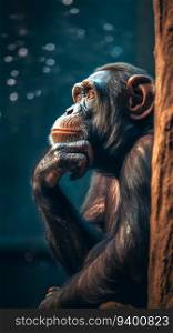 Chimpanzee Sitting Atop a Branch, Deep in Thought and Contemplation. Generative ai. High quality illustration. Chimpanzee Sitting Atop a Branch, Deep in Thought and Contemplation. Generative ai