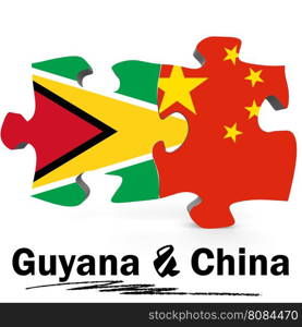 China and Guyana Flags in puzzle isolated on white background, 3D rendering