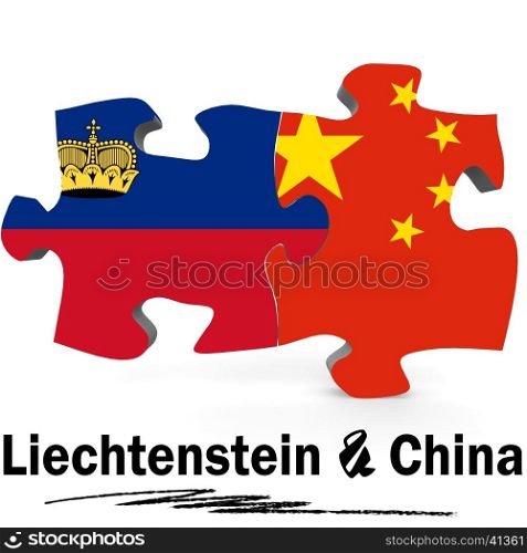 China and Liechtenstein Flags in puzzle isolated on white background, 3D rendering