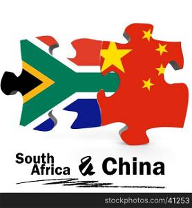 China and South Africa Flags in puzzle isolated on white background, 3D rendering