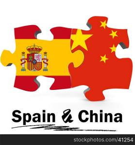 China and Spain Flags in puzzle isolated on white background, 3D rendering