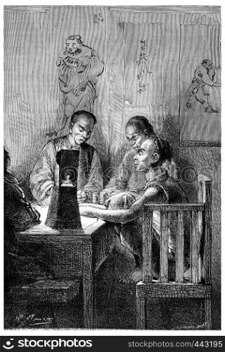 China and the Chinese, Banker Association in Hong Kong, vintage engraved illustration. Journal des Voyage, Travel Journal, (1880-81).