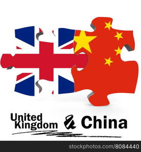 China and United Kingdom Flags in puzzle isolated on white background, 3D rendering