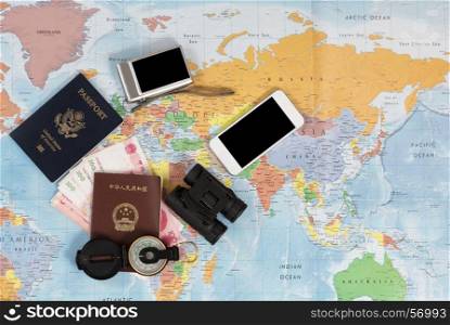 China and United States passports for world touring plus various other travel objects