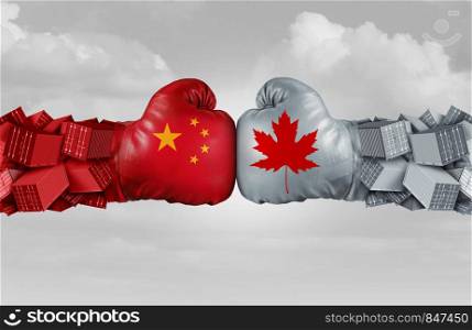 China Canada or Canadian trade and Chinese tariffs conflict with two opposing trading partners as an economic import and exports dispute concept with 3D illustration elements