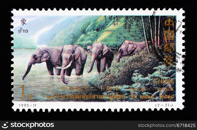 CHINA - CIRCA 1995: A Stamp printed in China shows the Thai elephants for the 20 years anniversary of diplomatic relations between China and Thailand, circa 1995