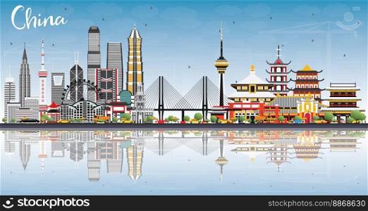 China City Skyline with Reflections. Famous Landmarks in China. Vector Illustration. Business Travel and Tourism Concept. Image for Presentation, Banner, Placard and Web Site.