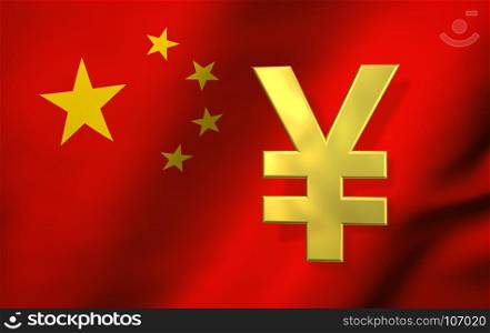 China economy concept with Yuan Renminbi currency symbol and Chinese flag on background 3D illustration.