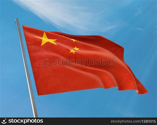 China flag on a pole waving. China realistic flag waving against clean blue sky. Close up.