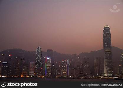 China, Hong Kong skyline at sunset