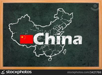China map and flag draw on grunge blackboard