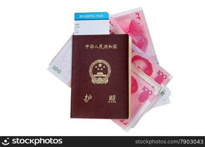 China passport and boarding pass with paper currency underneath isolated on white background.