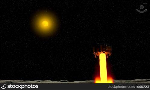 China`s Chang e 4 lunar probe and Yutu 2 Lunar rover landing on the surface of the moon on January 3, 2019 with the sun in the background. 3D illustration