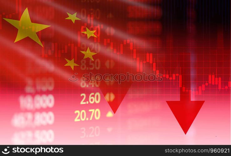 China stock market / Shanghai stock exchange analysis indicator trading graph chart business crisis red price arrow down chart fall finance money economy and Trade war with China flag