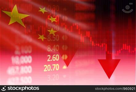 China stock market / Shanghai stock exchange analysis indicator trading graph chart business crisis red price arrow down chart fall finance money economy and Trade war with China flag