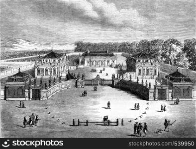 China Trianon, Versailles, originally designed in 1670, destroyed in 1687, vintage engraved illustration. Magasin Pittoresque 1857.