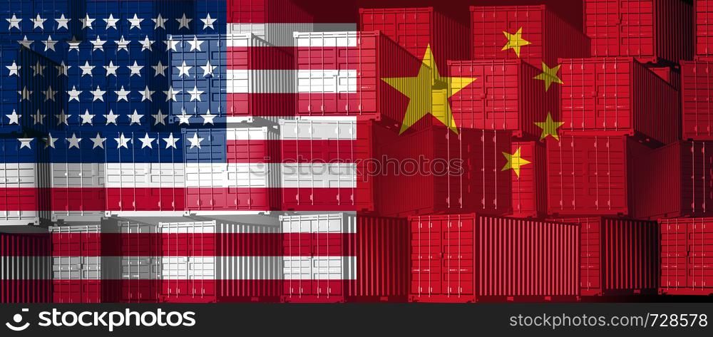China US trade business concept as a Chinese USA tariff war and American tariffs as two opposing groups of cargo freight containers as an economic dispute or relationship over import and exports as a 3D illustration.