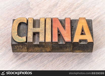 China word in vintage letterpress wood type against grained wood