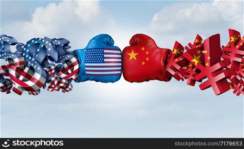 China Yuan And American Dollar fight as United states Chinese currency dispute and trade war as an economic fight concept as a 3D illustration.