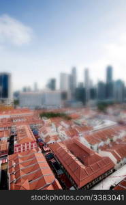 Chinatown with Singapore city center in the background taken with a tilt shift lens