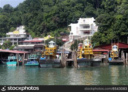Chineae temple and boats near Pangkor island, Malaysia