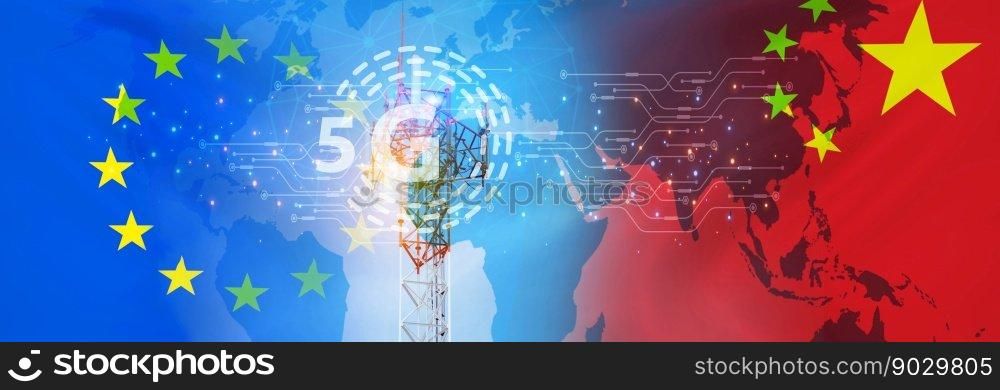Chinese 5g technology in the EU concept. Telecommunication tower for 5g network. Europe and china flag. Communication technology. Mobile or telecom 5g network. Network connection business. 5g service.