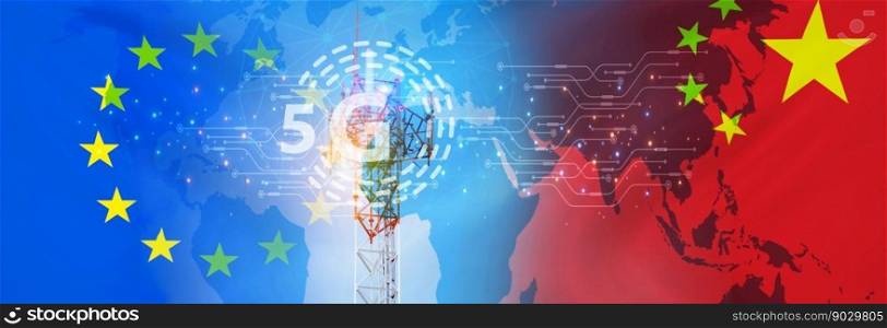 Chinese 5g technology in the EU concept. Telecommunication tower for 5g network. Europe and china flag. Communication technology. Mobile or telecom 5g network. Network connection business. 5g service.