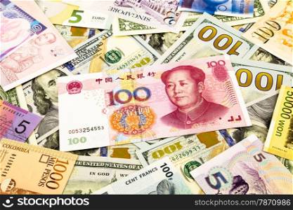 chinese and world currency money banknote, business and financial concept