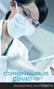 Chinese Asian female scientist medical researcher or doctor working on a virus sample in a Coronavirus COVID-19 lab or laboratory with text.