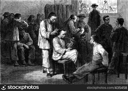 Chinese barbers. Customers standing waiting for their number, vintage engraved illustration. Journal des Voyages, Travel Journal, (1879-80).