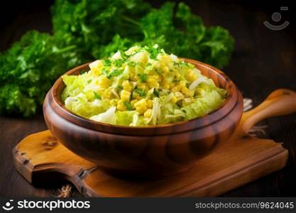 Chinese cabbage salad with sweet corn in a wooden bowl. Chinese cabbage salad with sweet corn in a wooden bowl.